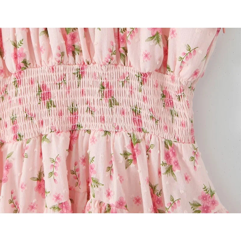 Sweet Pink Floral Print Mini Dresses