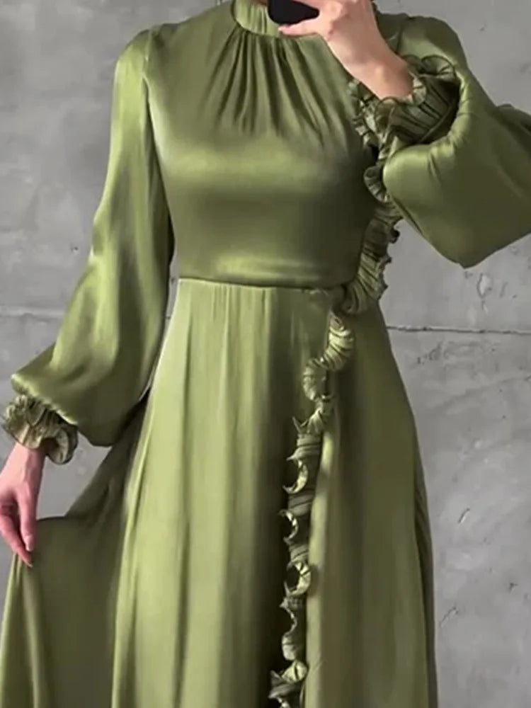 Temperament Lantern Sleeve Fungus Edge Patchwork Dresses