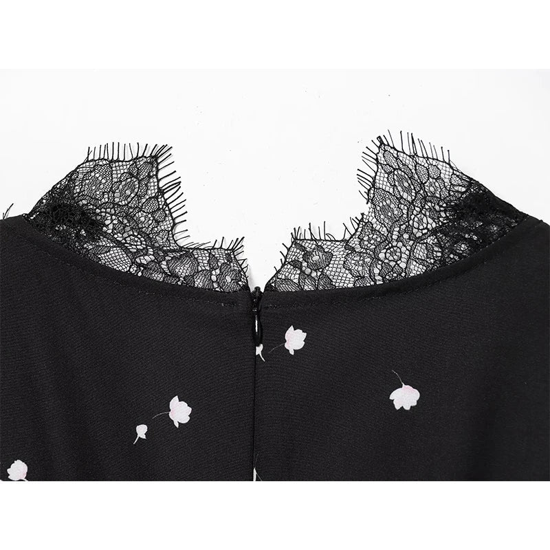 European And American Sexy Lace Trim Printed V Neck Short Sleeve Dresses