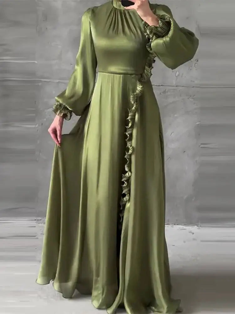 Temperament Lantern Sleeve Fungus Edge Patchwork Dresses