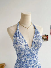 Summer Blue Floral Mesh Dress, V Neck Sexy Elegant Sweet Slim Fit Casual Party Dress