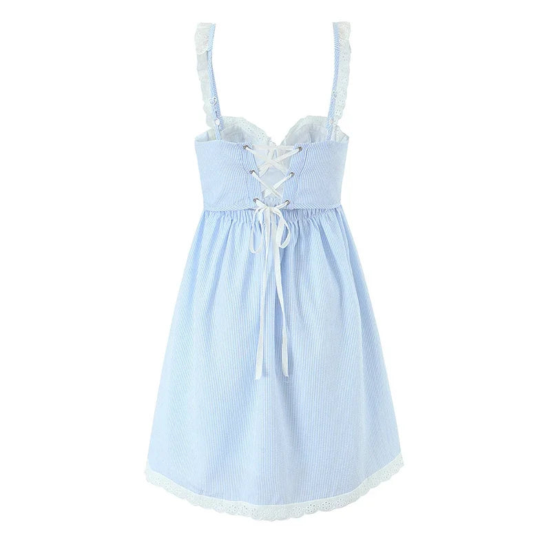 Lace Spliced Blue Striped Sling Short Dresses