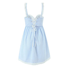 Lace Spliced Blue Striped Sling Short Dresses