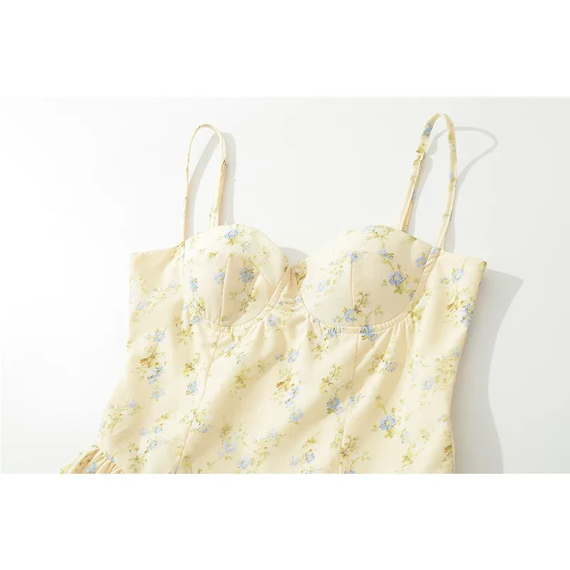 Yellow Floral Print Mini Dresses