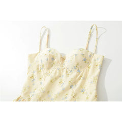 Yellow Floral Print Mini Dresses