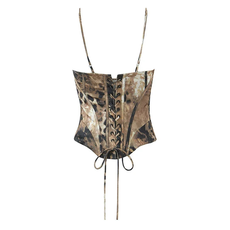 Spice Girls Sexy Leopard Satin Corset Camis Lace Up Bandage Back Fit Slim Y2K Summer Tops For Beach Party Club Streetwear