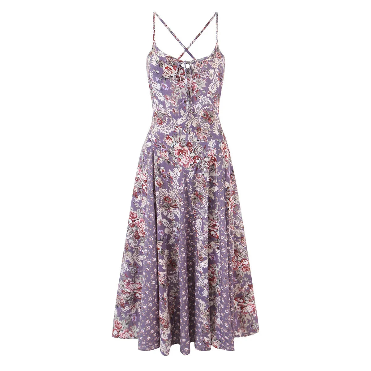 Purple Floral Print Big Swing Sling Boho Dresses