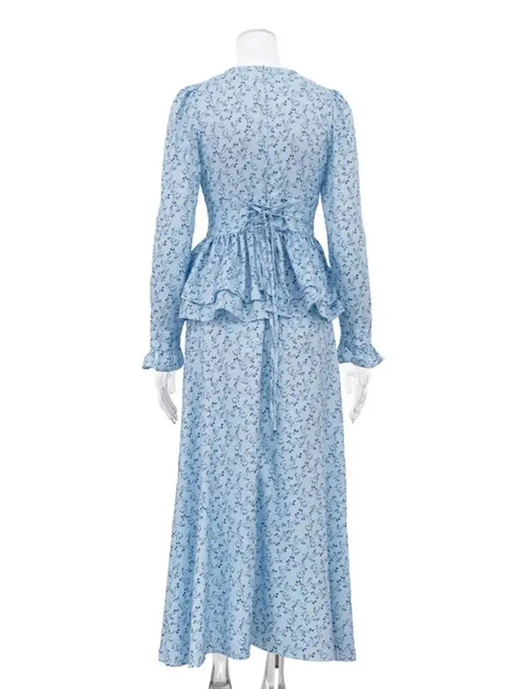 Fashionable V-neck Long Sleeved Waist Cinched Ruffle A-line Dresses