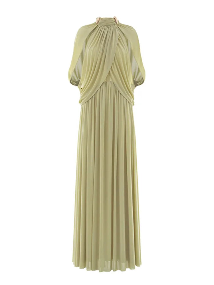 Summer Pleated Elegant Round Neck Chiffon Fashionable Long Dress