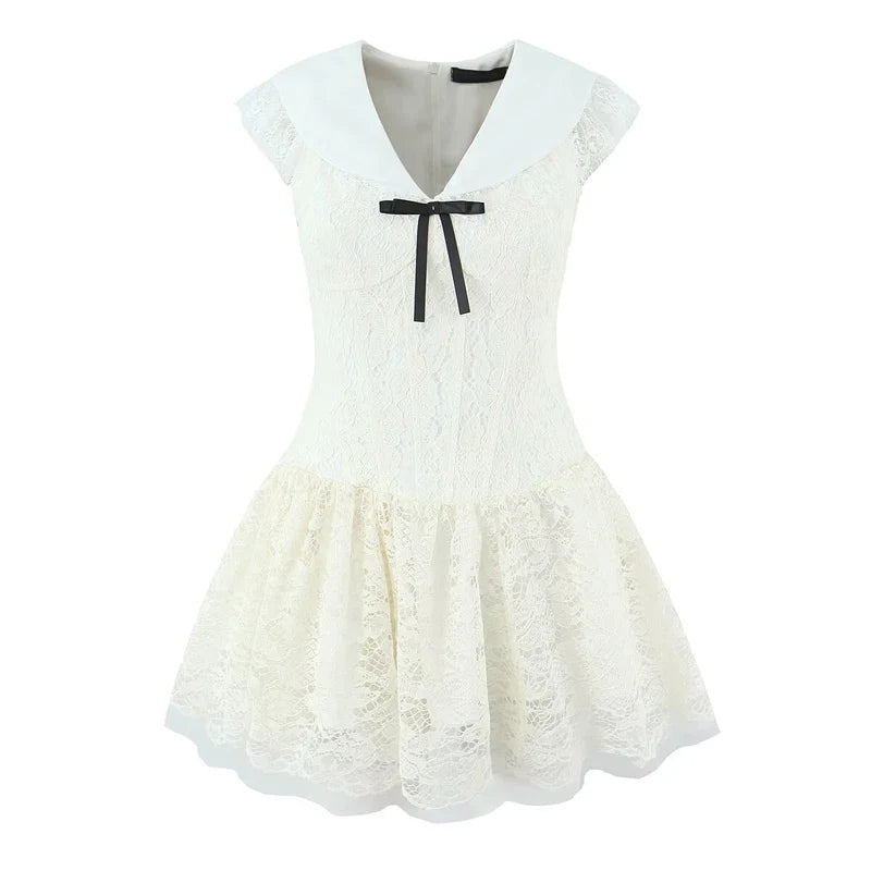 French Sweet Lace Mesh V Neck Bow Slim Mini Dresses
