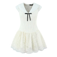 French Sweet Lace Mesh V Neck Bow Slim Mini Dresses