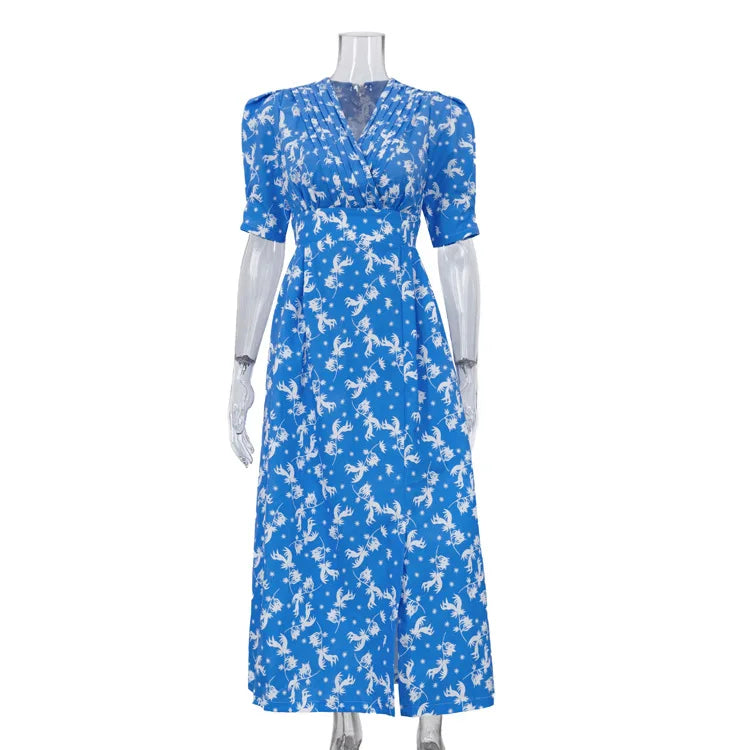 Temperament Print V-neck Bubble Sleeves Pleated Waist Cinched Slit Dresses