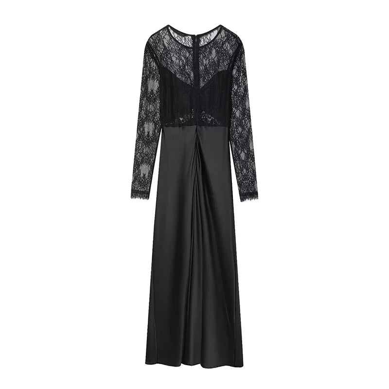 Lace Patchwork Black Satin Long Dresses
