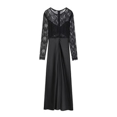 Lace Patchwork Black Satin Long Dresses