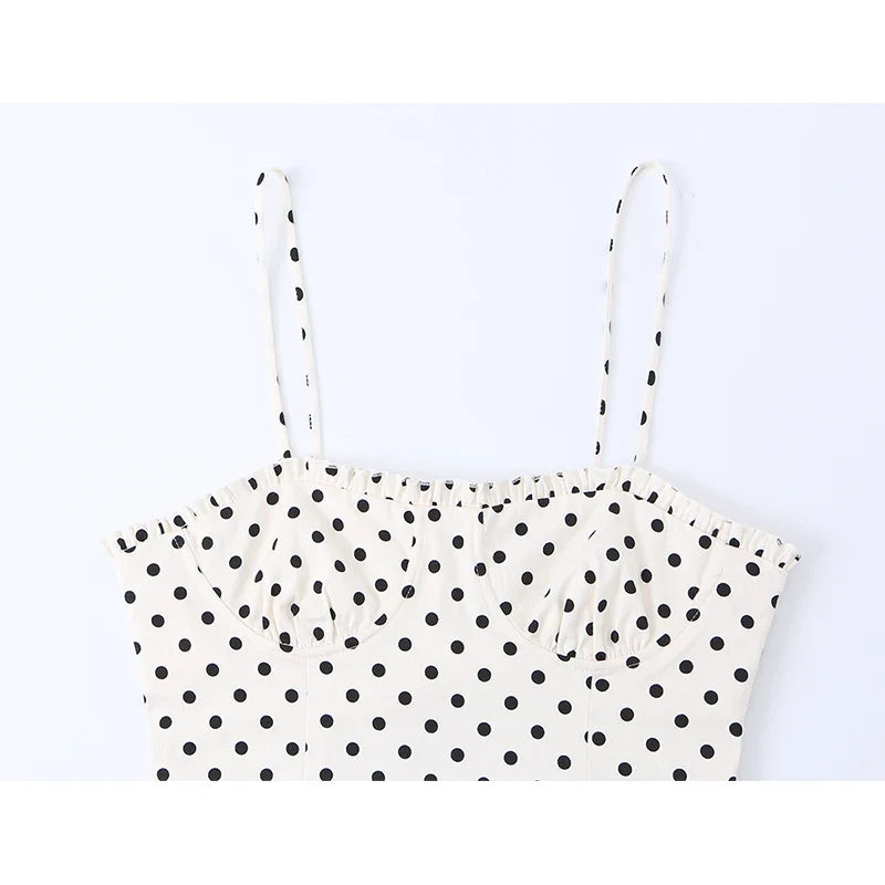 White Polka Dot Spaghetti Strap Midi Dresses