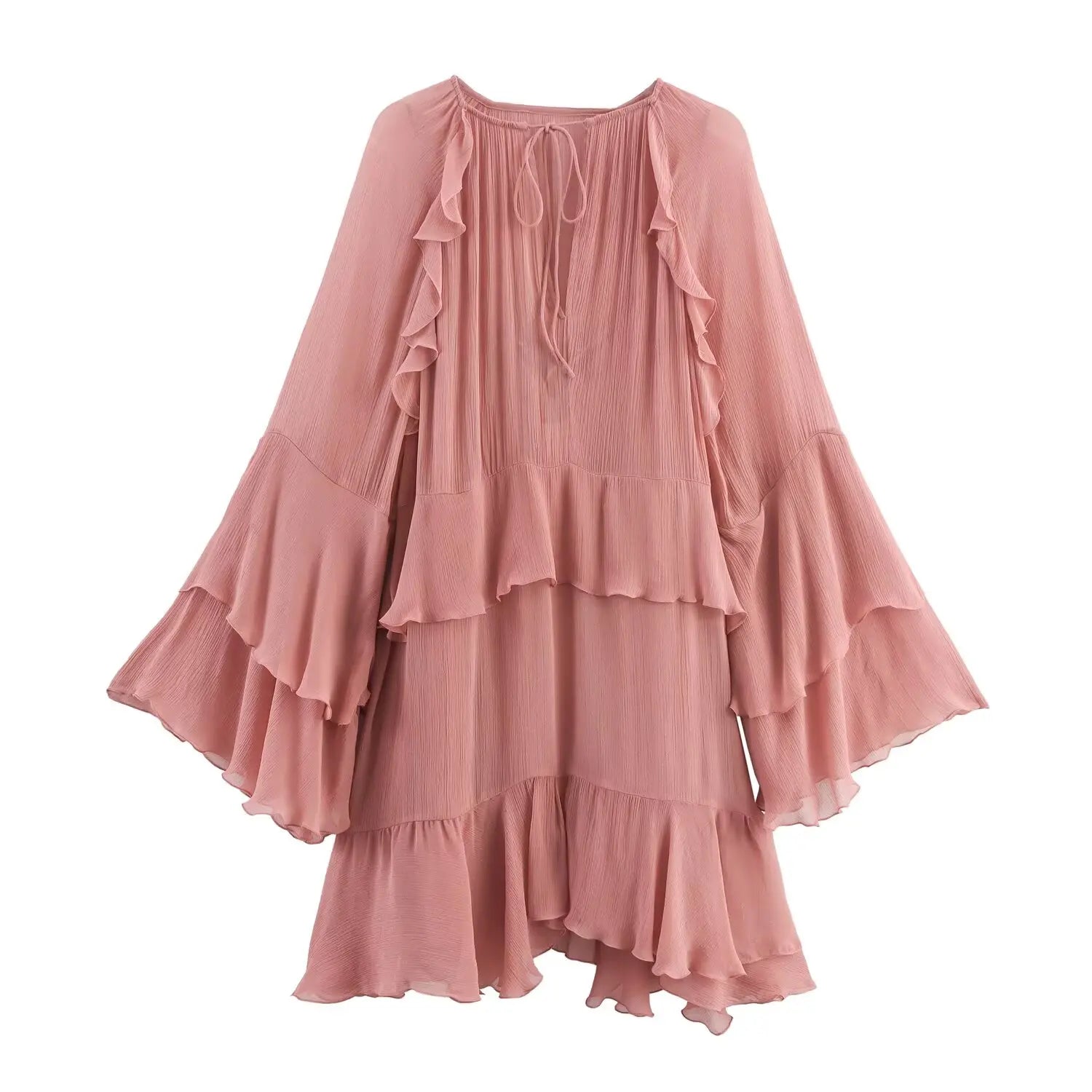 French Style Lace Up O Neck Flared Sleeve Ruffle Dresses