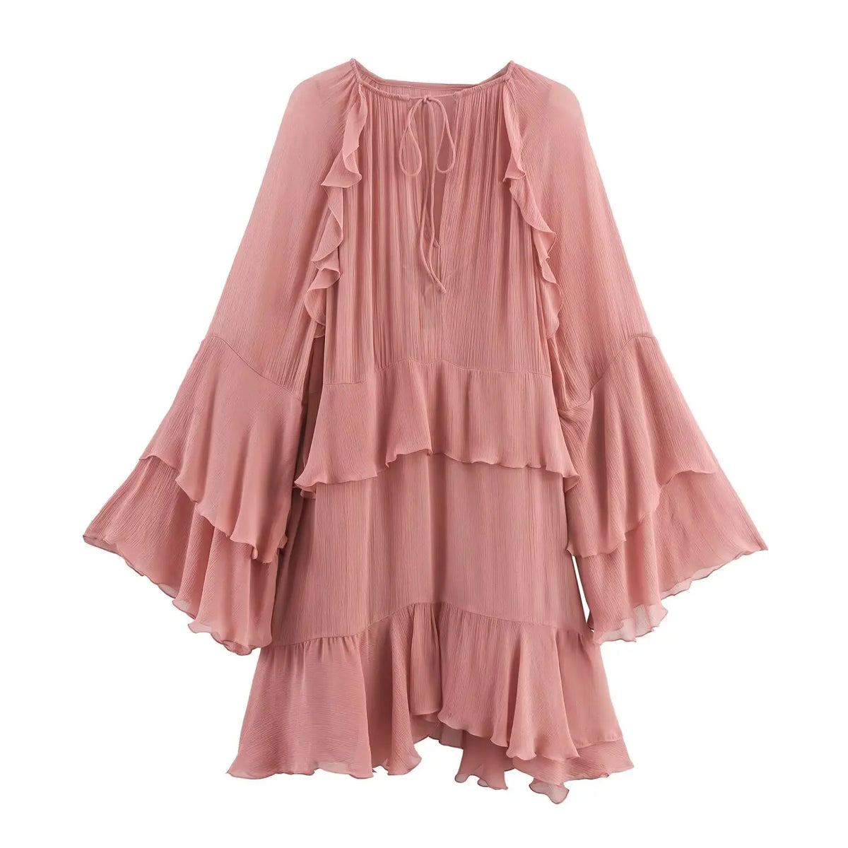 French Style Lace Up O Neck Flared Sleeve Ruffle Dresses