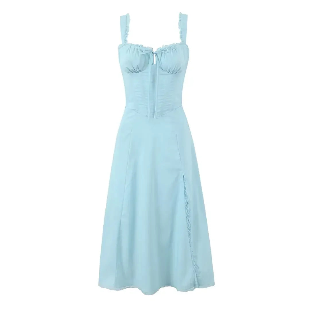 Summer Lace Patchwork Front Slit Bandage Back Sling Sexy Elegant Party Dresses