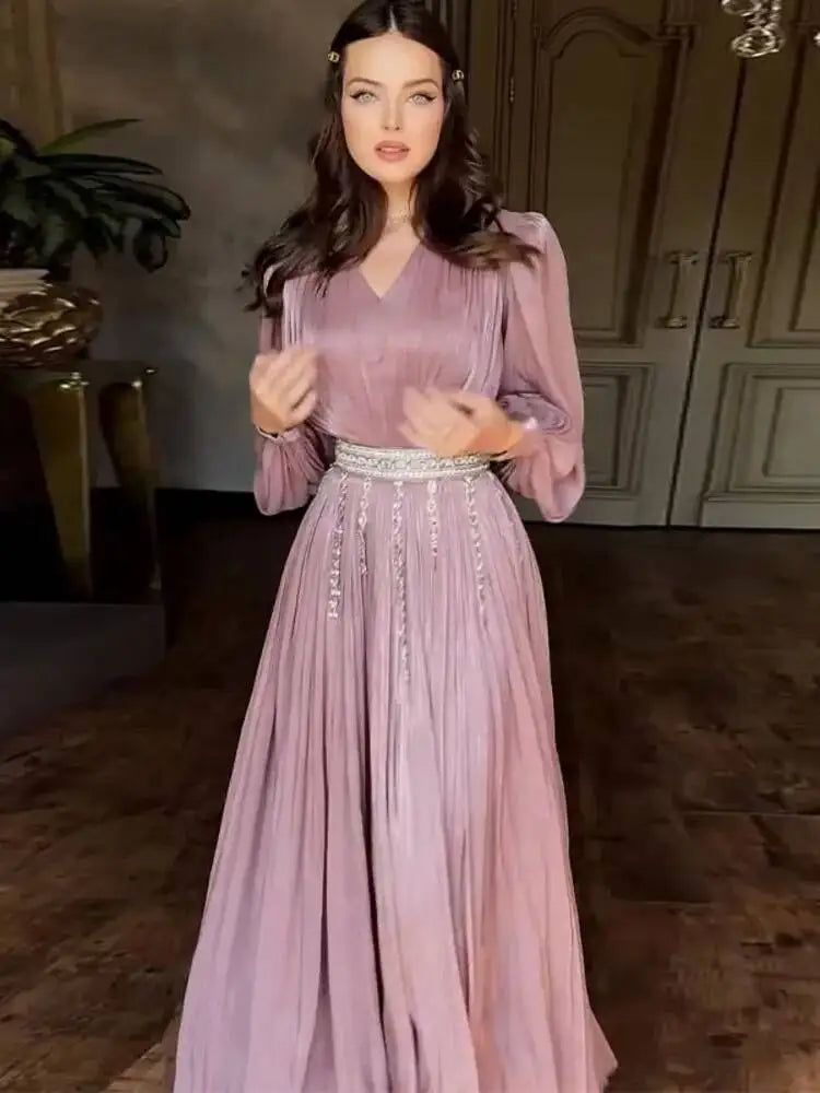Sexy V-neck Pleated Sheer Long Sleeve Flared Dresses