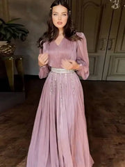 Sexy V-neck Pleated Sheer Long Sleeve Flared Dresses