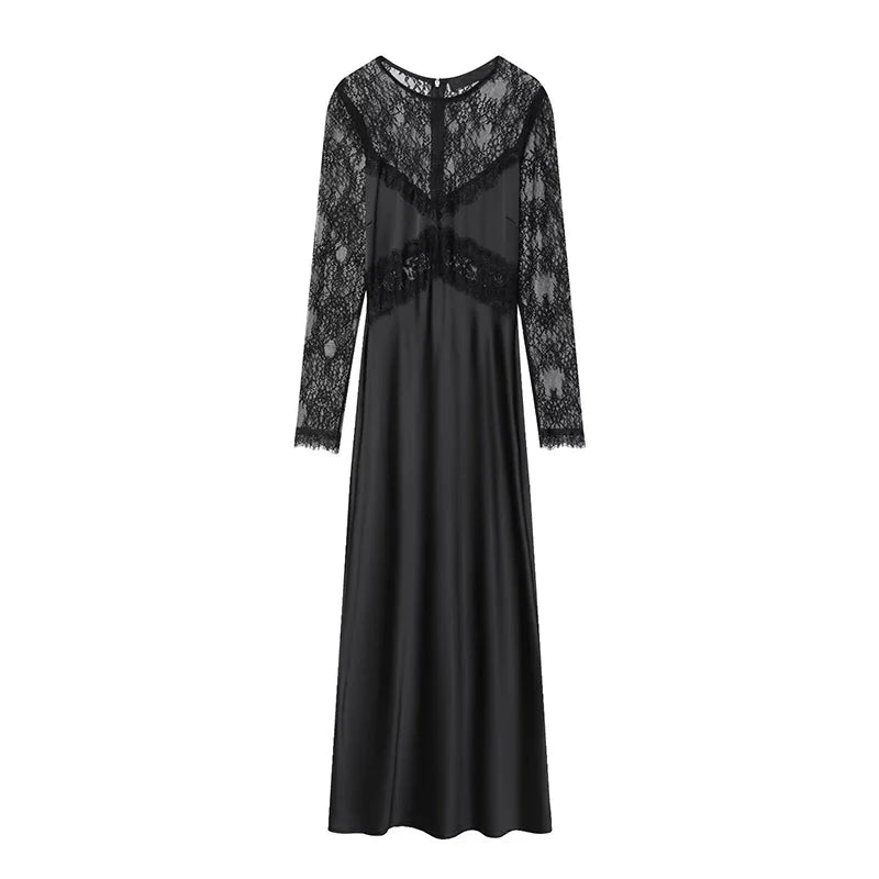 Lace Patchwork Black Satin Long Dresses