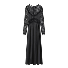 Lace Patchwork Black Satin Long Dresses