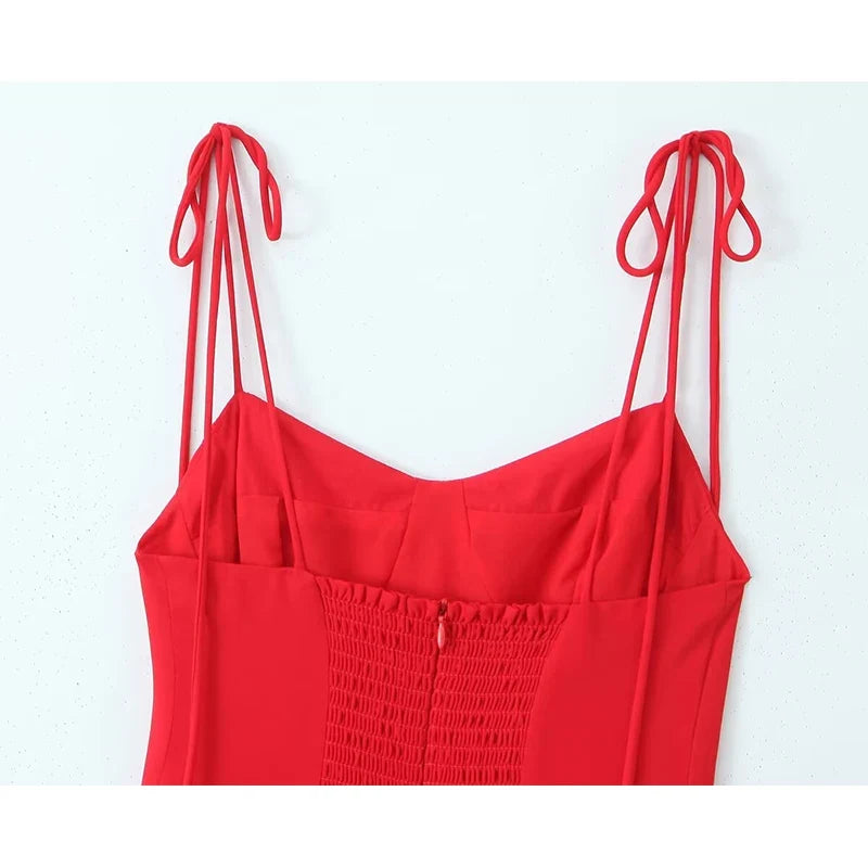 French Style Retro Red Sling Midi Long Dresses Sexy Backless V Neck A-line Holiday Summer Dresses Party Robe