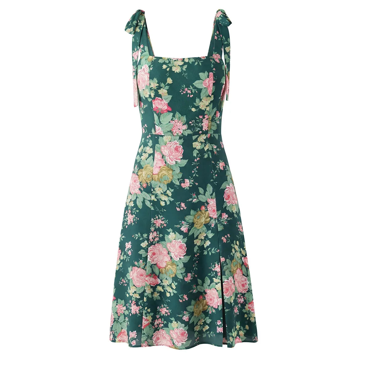 French Style Floral Print Holiday Summer Sleeveless Dresses Sexy Slit Square Neck A-line Midi Dresses