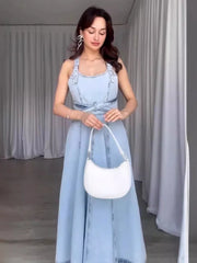 Summer Detachable Strap Backless Design Waist-Cinching Long Denim Dresses
