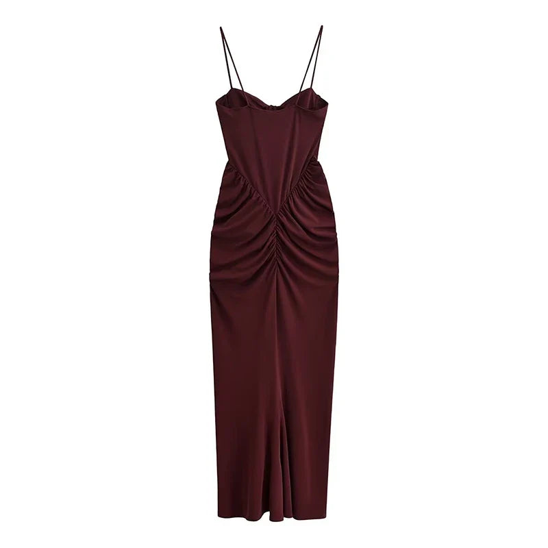 Sexy Burgundy Spaghetti Strap Corset Maxi Dresses Sweetheart Neck Ruched Waist Formal Evening Gown