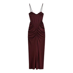 Sexy Burgundy Spaghetti Strap Corset Maxi Dresses Sweetheart Neck Ruched Waist Formal Evening Gown