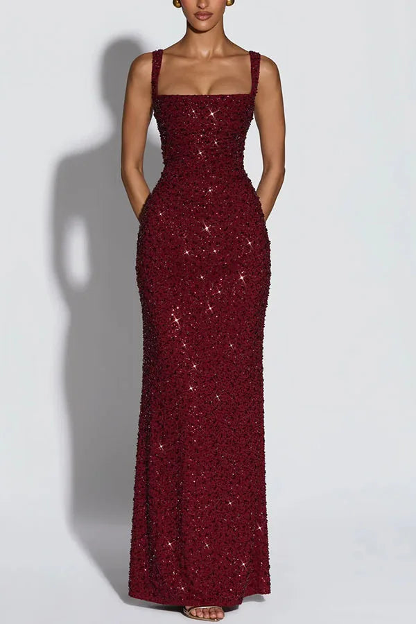 Evening Gown Slips Sleeveless Straps Hip Hugging Slim Fit Sequin Dresses