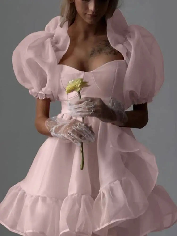 Sweet Square Neck Bubble Sleeve Backless A-line Dresses
