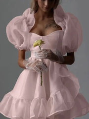 Sweet Square Neck Bubble Sleeve Backless A-line Dresses