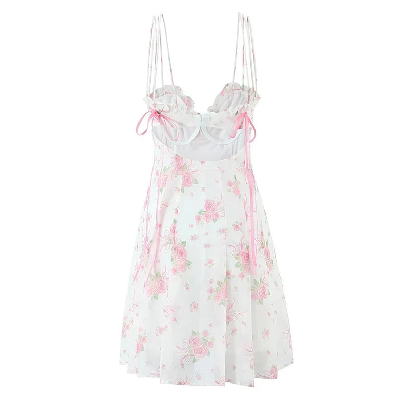 Romantic Sweet Floral Print Sexy Backless Sling Mini Dresses Pretty Girl A-line Summer Dresses