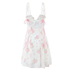 Romantic Sweet Floral Print Sexy Backless Sling Mini Dresses Pretty Girl A-line Summer Dresses