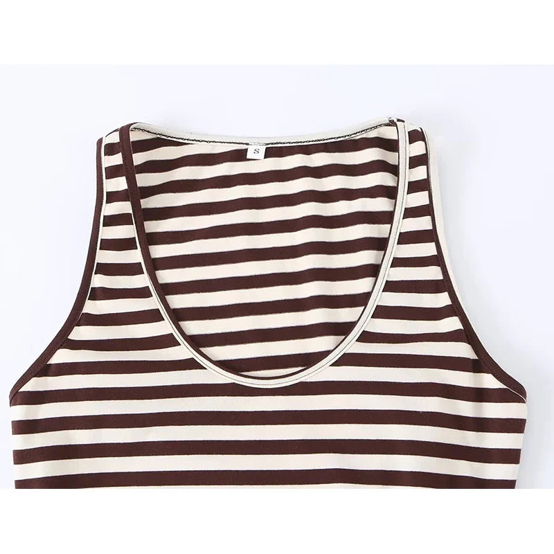 Round Neck Sleeveless Striped Asymmetric Midi Knit Dresses