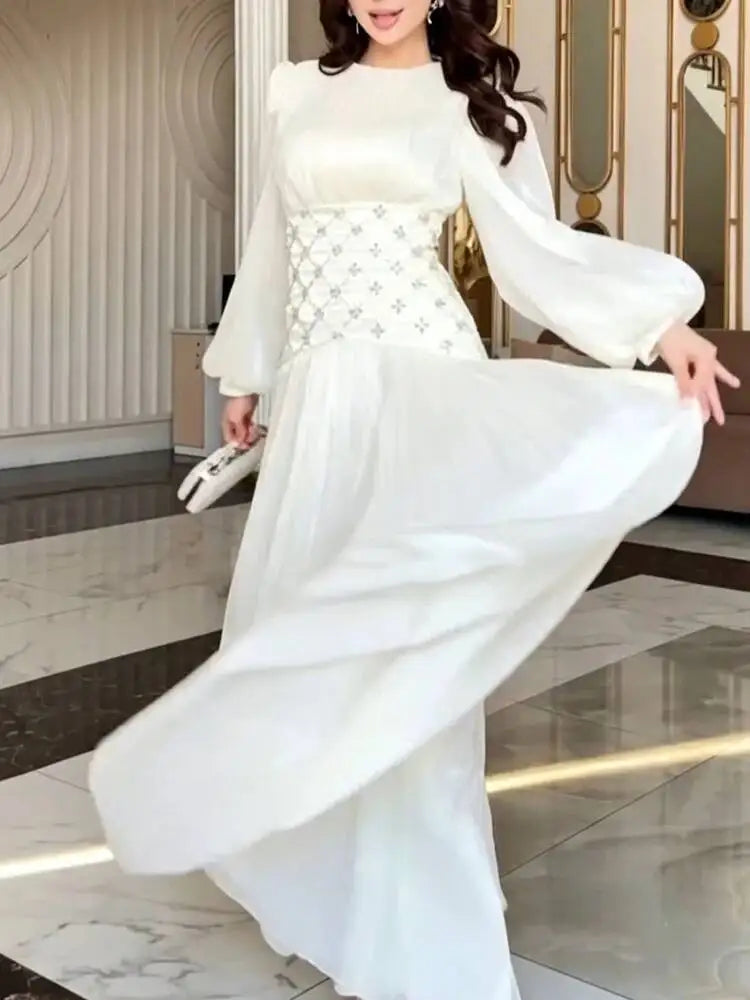 Elegant Satin Round Neck Lantern Sleeve Studded Diamond Waist Dresses