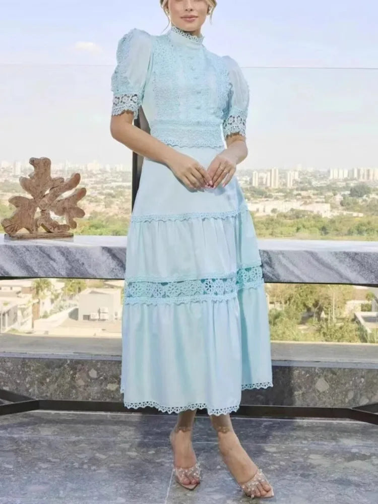 turtleneck short sleeves lace patchwork hollow out slim high waist A-line pullover Dresses