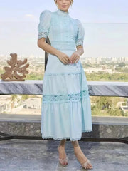 turtleneck short sleeves lace patchwork hollow out slim high waist A-line pullover Dresses