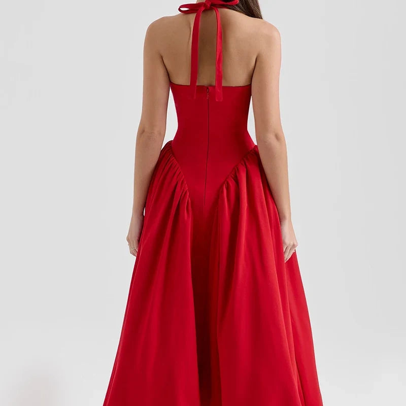 Red Elegant Slim Evening Party Dresses Sexy Backless Low Waist A-line Midi Long Halter Dresses