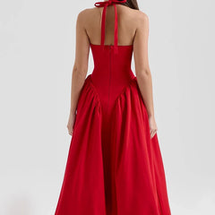 Red Elegant Slim Evening Party Dresses Sexy Backless Low Waist A-line Midi Long Halter Dresses