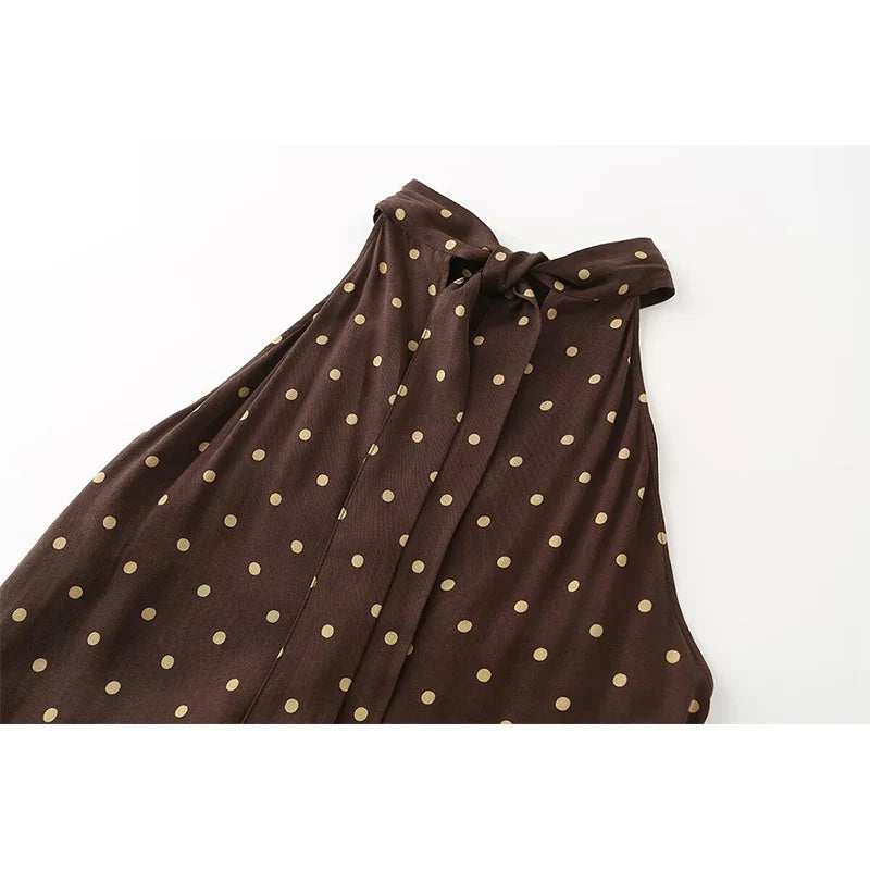 Brown Polka Dot Halter Maxi Dresses