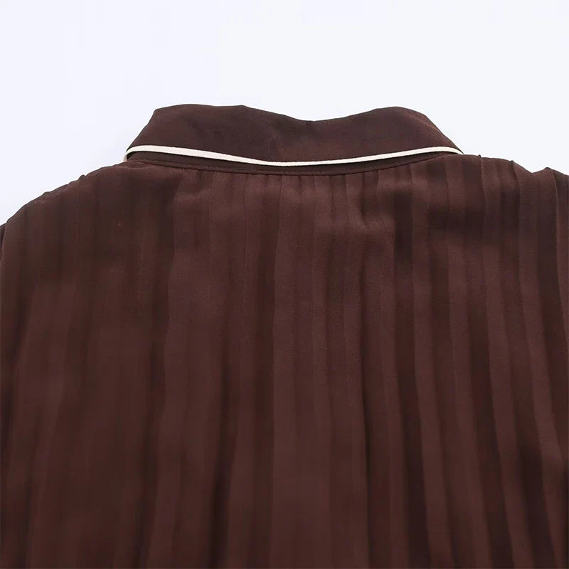 Brown With Belt Pleated Midi Dresses