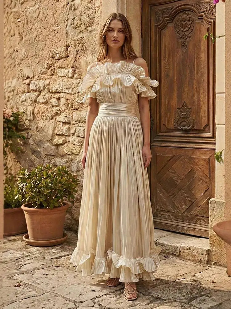 Elegant Slash Neck Lotus Flounced Edge Pleated Waist Dresses