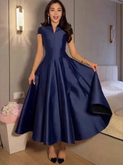 Temperament Stand Collar Short Sleeved Pleated Waist Mid Length Dresses