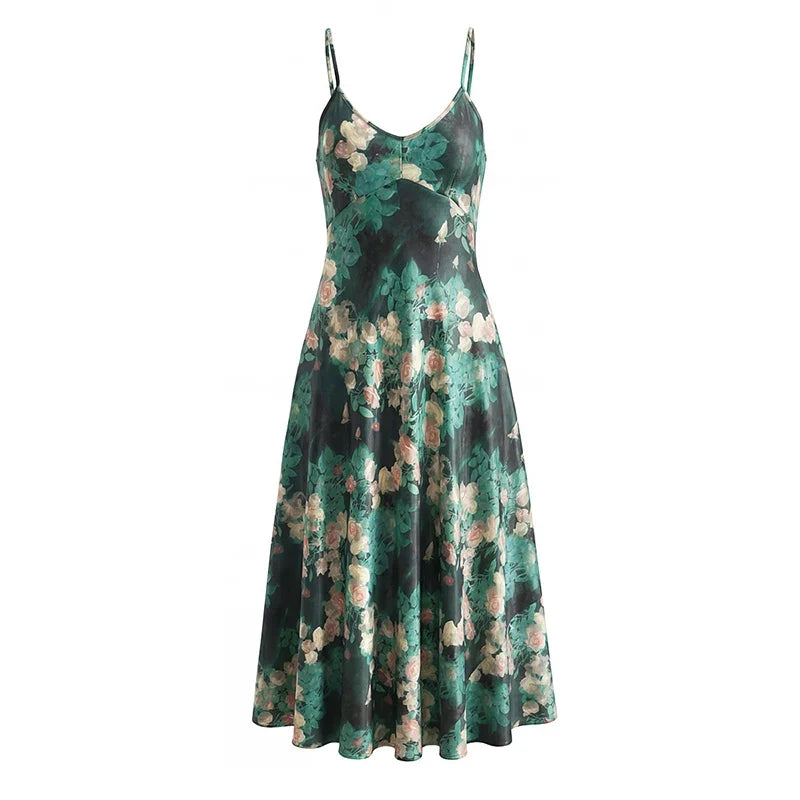 Sexy Sling Summer Holiday Dresses High Waist V Neck A-line Midi Casual Boho Dresses