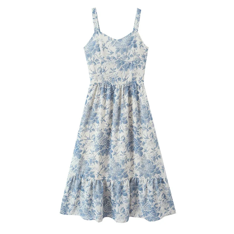 Summer Sexy Sling Floral Print Casual Holiday Dresses Chic Lady A-line Midi Big Swing Vestidos