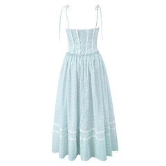 Sexy Elegant Lace Spliced Blue Floral Print Midi Long Sling Dresses Low Waist Fit And Flare Party Dresses