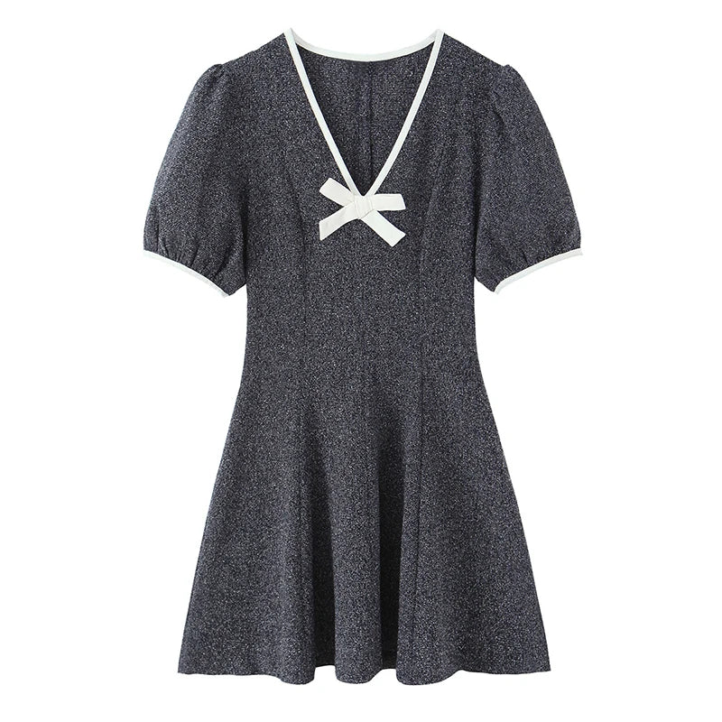 Spring Vintage Puff Sleeve Bow V Neck A-line Mini Dresses High Street Vestidos